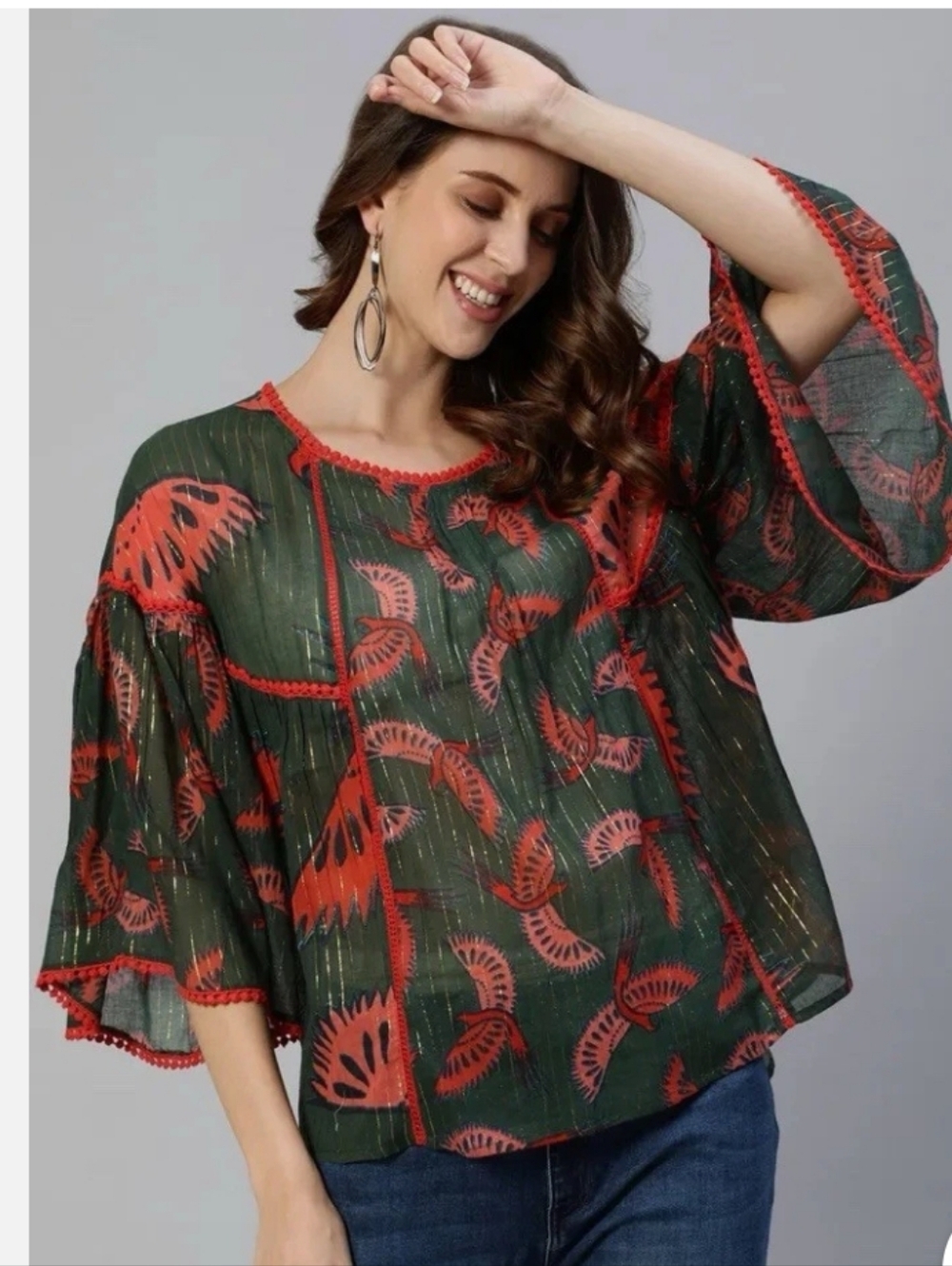 Rachel Zoe Green & Orange Bird Print 3/4 Sleeve Lace Trim Blouse size Med Boho